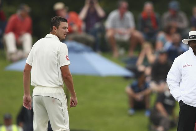CHRISTCHURCH, NEW ZEALAND - FEBRUARY 23: Josh Hazlewood of Australia has words with Corey Anderson of New Zealand  during day four of the Test match between New Zealand and Australia at Hagley Oval on February 23, 2016 in Christchurch, New Zealand.  (Photo by Ryan Pierse/Getty Images)