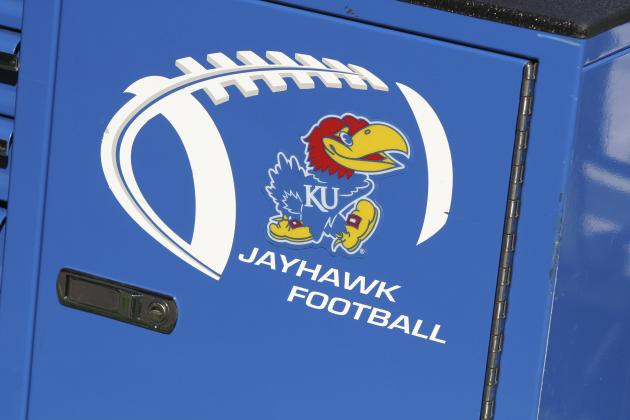 LAWRENCE, KS - OCTOBER 11: A Kansas Jayhawks football logo is seen on a piece of the team's equipment chest during a game against the Oklahoma State Cowboys at Memorial Stadium on October 11, 2014 in Lawrence, Kansas. (Photo by Ed Zurga/Getty Images)