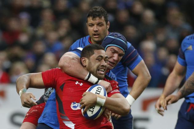 PARIS, FRANCE - FEBRUARY 28: Taulupe Faletau of Wales and Bernard Le Roux of France in action during the RBS Six Nations rugby match between France and Wales at Stade de France stadium on February 28, 2015 in Saint-Denis near Paris, France. (Photo by Jean Catuffe/Getty Images)