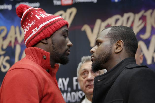 Boxers Terence Crawford, left, and Hank Lundy pose for a picture during a news conference in New York, Tuesday, Jan. 12, 2016. Crawford will defend his WBO junior welterweight championship belt against Lundy at Madison Square Garden in New York on Saturday, Feb. 27, 2016. (AP Photo/Seth Wenig)
