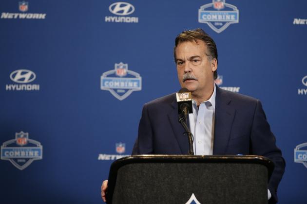 Los Angeles Rams head coach Jeff Fisher responds to a question during a news conference at the NFL football scouting combine Wednesday, Feb. 24, 2016, in Indianapolis.  (AP Photo/Darron Cummings)