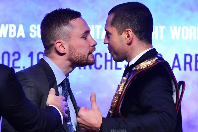BELFAST, NORTHERN IRELAND - NOVEMBER 18: Carl Frampton (L) and Scott Quigg (R) exchange heated words during the WBA and IBF super-bantamweight world title unification pre-fight press conference at Europa Hotel on November 18, 2015 in Belfast, Northern Ireland. The much anticipated fight will take place in Manchester on February 27, 2015. (Photo by Charles McQuillan/Getty Images)
