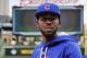 Chicago Cubs center fielder Dexter Fowler (24) during a workout in preparation for Game 1 of baseball's NL Championship Series in Chicago, Thursday, Oct. 15, 2015. (AP Photo/David Banks)
