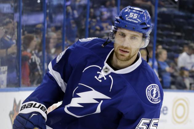 Tampa Bay Lightning defenseman Braydon Coburn (55) before an NHL hockey game against the St. Louis Blues Sunday, Feb. 14, 2016, in Tampa, Fla. (AP Photo/Chris O'Meara)