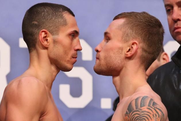 MANCHESTER, ENGLAND - FEBRUARY 26:  Carl Frampton and Scott Quigg go face to face at the weigh-in ahead of their Super-Bantamweight fight at the at Manchester Arena on February 26, 2016 in Manchester, England.  (Photo by Alex Livesey/Getty Images)