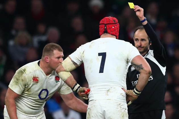 LONDON, ENGLAND - FEBRUARY 27:  James Haskell of England is shown the yellow card by Referee Romain Poite of France during the RBS Six Nations match between England and Ireland at Twickenham Stadium on February 27, 2016 in London, England.  (Photo by Michael Steele/Getty Images)
