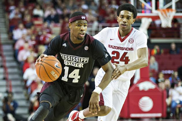 FAYETTEVILLE, AR - JANUARY 9: Malik Newman #14 of the Mississippi State Bulldogs drives down the court against Jimmy Whitt #24 of the Arkansas Razorbacks at Bud Walton Arena on January 9, 2016 in Fayetteville, Arkansas. The Razorbacks defeated the Bulldogs 82-68. (Photo by Wesley Hitt/Getty Images)