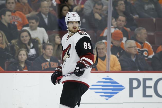 Arizona Coyotes' Mikkel Boedker in action during an NHL hockey game against the Philadelphia Flyers, Saturday, Feb. 27, 2016, in Philadelphia. (AP Photo/Matt Slocum)