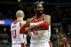 WASHINGTON, DC - JANUARY 20: Nene Hilario #42 of the Washington Wizards looks for a traveling call against the Miami Heat in the first half at Verizon Center on January 20, 2016 in Washington, DC. NOTE TO USER: User expressly acknowledges and agrees that, by downloading and or using this photograph, User is consenting to the terms and conditions of the Getty Images License Agreement. (Photo by Rob Carr/Getty Images)