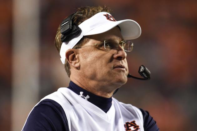 Nov 21, 2015; Auburn, AL, USA; Auburn Tigers head coach Gus Malzahn looks on during the fourth quarter against the Idaho Vandals at Jordan Hare Stadium. Auburn won 56-34. Mandatory Credit: Shanna Lockwood-USA TODAY Sports