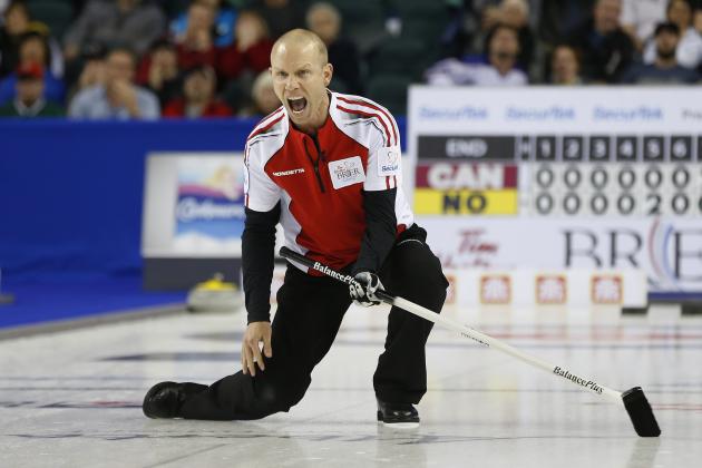 CALGARY, AB - MARCH 8: Team Canada skip Pat Simmons reacts to his shot in his game against Northern Ontario in the gold medal in curling game during the Tim Horton's Brier at the Scotiabank Saddledome on March 8, 2015 in Calgary, Alberta, Canada. (Photo by Todd Korol/Getty Images)