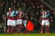 West Ham players celebrate Michail Antonio's opening goal during the English Premier League football match between West Ham United and Tottenham Hotpsur at The Boleyn Ground in Upton Park, in east London on March 2, 2016. / AFP / IAN KINGTON / RESTRICTED TO EDITORIAL USE. No use with unauthorized audio, video, data, fixture lists, club/league logos or 'live' services. Online in-match use limited to 75 images, no video emulation. No use in betting, games or single club/league/player publications. / (Photo credit should read IAN KINGTON/AFP/Getty Images)