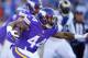 Minnesota Vikings running back Matt Asiata (44) runs the ball against the St. Louis Rams during an NFL football game Sunday, Nov. 8, 2015, in Minneapolis. The Vikings won in overtime, 21-18. (Jeff Haynes/AP Images for Panini)