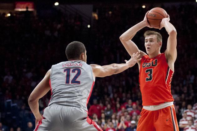 Jan 30, 2016; Tucson, AZ, USA; Oregon State Beavers forward Tres Tinkle (3) looks to pass as Arizona Wildcats forward Ryan Anderson (12) defends during the first half at McKale Center. Arizona won 80-63. Mandatory Credit: Casey Sapio-USA TODAY Sports