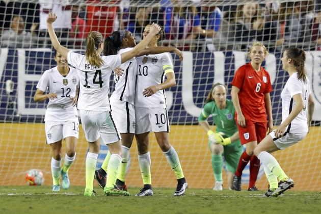 United States' Crystal Dunn (16) celebrates her goal against England with teammates during the second half of a SheBelieves Cup women's soccer match Thursday, March 3, 2016, in Tampa, Fla. The United States won 1-0. (AP Photo/Mike Carlson)