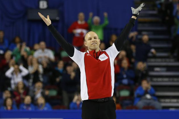 CALGARY, AB - MARCH 8: Team Canada skip Pat Simmons celebrates after defeating Northern Ontario in the gold medal game in curling during the Tim Horton's Brier at the Scotiabank Saddledome on March 8, 2015 in Calgary, Alberta, Canada. (Photo by Todd Korol/Getty Images)