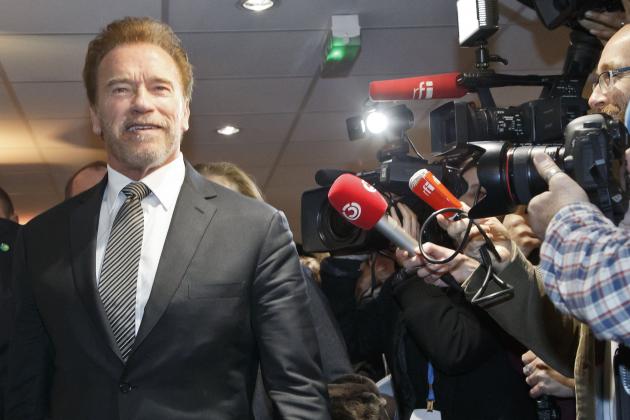 Former U.S. California Governor Arnold Schwarzenegger arrives to meet French Foreign Minister Laurent Fabius at the COP21, United Nations Climate Change Conference in Le Bourget, north of Paris, Tuesday, Dec. 8, 2015. The United Nations secretary-general called for a clean energy revolution to avoid a
