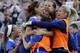 United States' forward Alex Morgan, top left, celebrates with teammates after she scored the game-winning goal against France during the second half of a SheBelieves Cup women's soccer match Sunday, March 6, 2016, in Nashville, Tenn. The United States won 1-0. (AP Photo/Mark Humphrey)