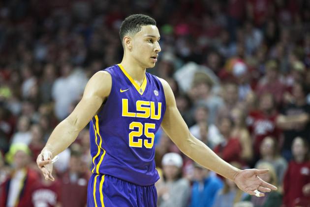 FAYETTEVILLE, AR - FEBRUARY 23:  Ben Simmons #25 of the LSU Tigers reacts to a referee whistle during a game against the Arkansas Razorbacks at Bud Walton Arena on February 23, 2016 in Fayetteville, Arkansas.  The Razorbacks defeated the Tigers 85-65.  (Photo by Wesley Hitt/Getty Images)