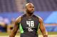 Mississippi offensive lineman Laremy Tunsil during a drill at the NFL football scouting combine Friday, Feb. 26, 2016, in Indianapolis. (AP Photo/Gregory Payan)