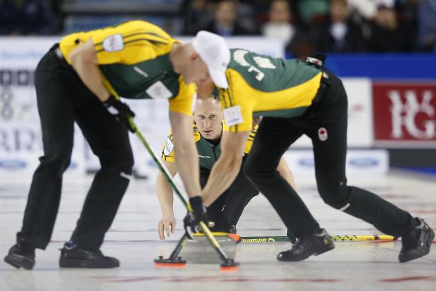 CALGARY, AB - MARCH 8: Northern Ontario skip Brad Jacobs (C) watches his shot while his teammates lead Ryan Harnden (L) and second E.J. Harnden sweep his rock in their gold medal game in curling against Team Canada during the Tim Horton's Brier at the Scotiabank Saddledome on March 8, 2015 in Calgary, Alberta, Canada. (Photo by Todd Korol/Getty Images)