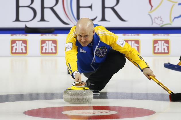 CALGARY, AB - MARCH 1: Alberta skip Kevin Koe delivers his shot in his game against Northern Ontario during the Tim Horton's Brier at the Scotiabank Saddledome on March 1, 2015 in Calgary, Alberta, Canada. (Photo by Todd Korol/Getty Images)
