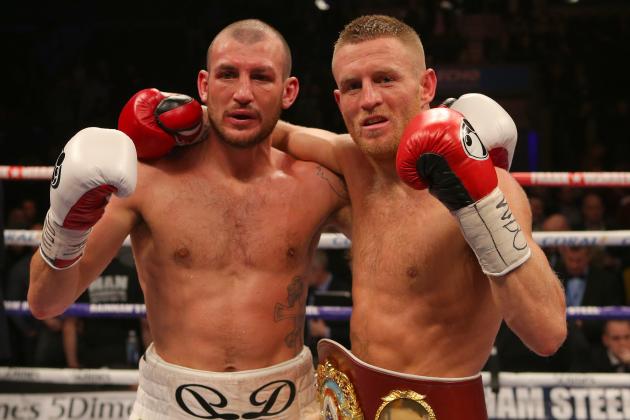 LIVERPOOL, ENGLAND - MARCH 12: Terry Flanagan, right, celebrates beating Derry Matthews during their WBO World Lightweight Championship bout at the Echo Arena on March 12, 2016 in Liverpool, England. (Photo by Dave Thompson/Getty Images)