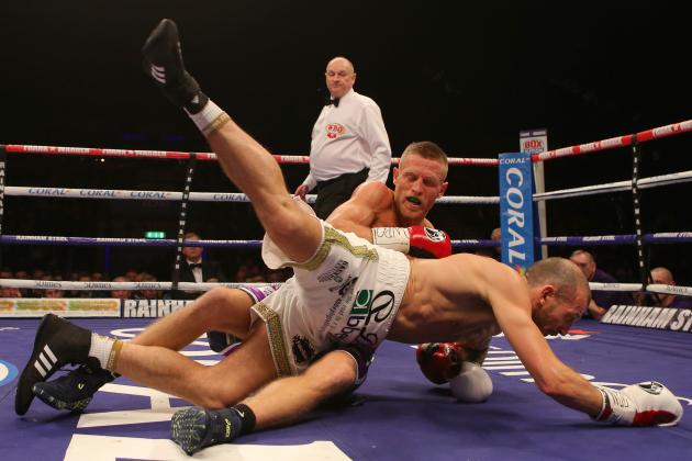 LIVERPOOL, ENGLAND - MARCH 12: Terry Flanagan and Derry Matthews during their WBO World Lightweight Championship bout at the Echo Arena on March 12, 2016 in Liverpool, England. (Photo by Dave Thompson/Getty Images)