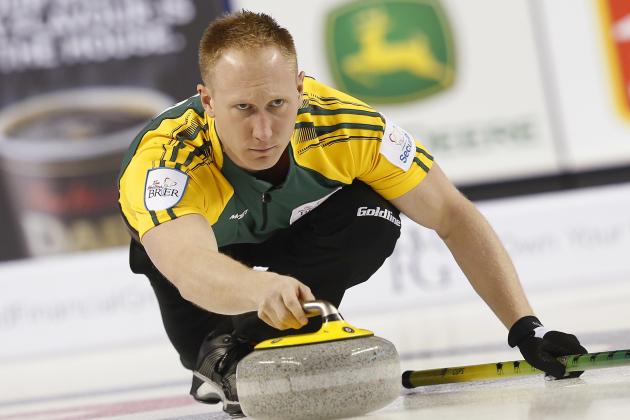 CALGARY, AB - MARCH 8: Northern Ontario skip Brad Jacobs delivers his shot in their gold medal game against Team Canada in curling during the Tim Horton's Brier at the Scotiabank Saddledome on March 8, 2015 in Calgary, Alberta, Canada. (Photo by Todd Korol/Getty Images)