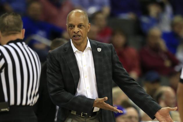 TCU head coach Trent Johnson asks for a call from a game official during the first half of an NCAA college basketball game against West Virginia in the quarterfinals of the Big 12 conference tournament in Kansas City, Mo., Thursday, March 10, 2016. (AP Photo/Orlin Wagner)