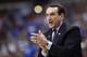 Duke head coach Mike Krzyzewski reacts during the first half of an NCAA college basketball game in the Atlantic Coast Conference tournament against Notre Dame, Thursday, March 10, 2016, in Washington. (AP Photo/Alex Brandon)