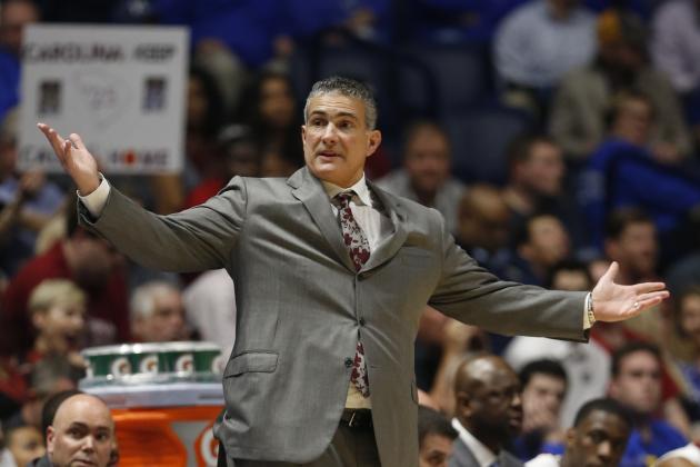 South Carolina head coach Frank Martin argues a call during the first half of an NCAA college basketball game against Georgia in the Southeastern Conference tournament in Nashville, Tenn., Friday, March 11, 2016. (AP Photo/John Bazemore)