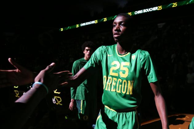 Oregon's Chris Boucher takes the court before the Duck's game against Valparaiso in an NCAA college basketball game Sunday, Nov. 22, 2015, in Eugene, Ore. The 6 ft. 10 in forward has been key to the Ducks' success so far this season as they await the return of an injured Jordan Bell. (AP Photo/Chris Pietsch)
