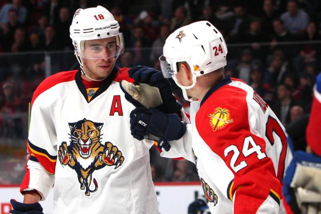 Mar 15, 2016; Montreal, Quebec, CAN; Florida Panthers left wing Jiri Hudler (24) celebrates his goal against Montreal Canadiens with teammate right wing Reilly Smith (18) during the second period at Bell Centre. Mandatory Credit: Jean-Yves Ahern-USA TODAY Sports