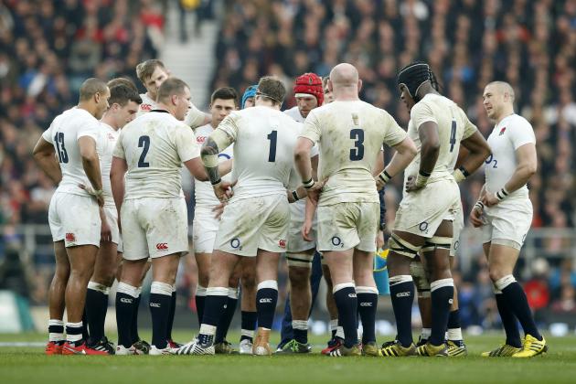 England’s captain Dylan Hartley, 2, talks to his players during the Six Nations international rugby match between England and Wales at Twickenham stadium in London, Saturday, March,12, 2016. (AP Photo/Alastair Grant)