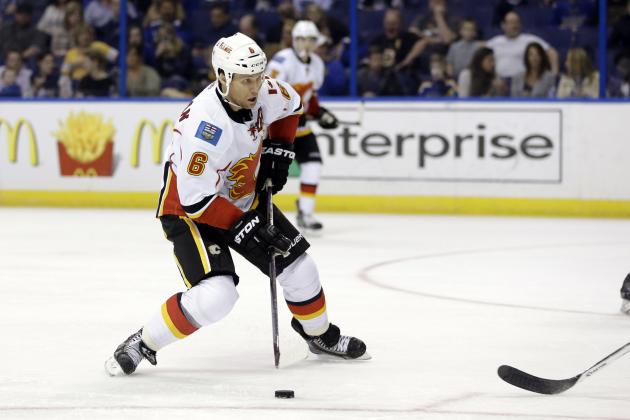 Calgary Flames' Dennis Wideman controls the puck during the third period of an NHL hockey game against the St. Louis Blues Thursday, April 2, 2015, in St. Louis. The Blues won 4-1. (AP Photo/Jeff Roberson)