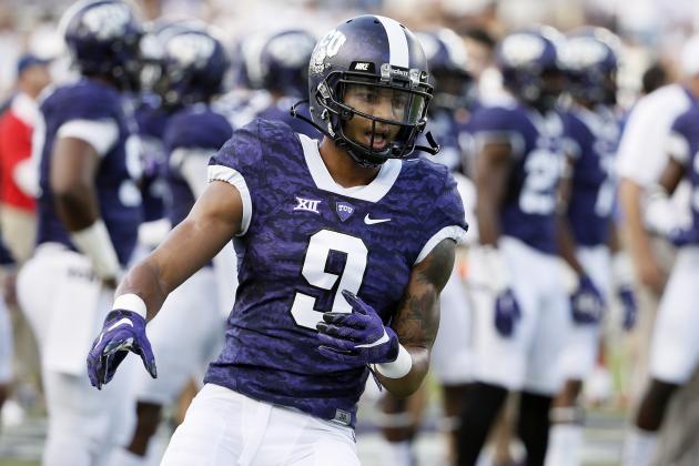 TCU's Josh Doctson participates in drills during warm ups before an NCAA college football game against SMU Saturday, Sept. 19, 2015, in Fort Worth, Texas. (AP Photo/Tony Gutierrez)