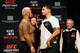 BRISBANE, AUSTRALIA - MARCH 19: (L-R) Opponents Mark Hunt of New Zealand and Frank Mir face off during the UFC Fight Night weigh-in at the Brisbane Entertainment Centre on March 19, 2016 in Brisbane, Australia. (Photo by Josh Hedges/Zuffa LLC/Zuffa LLC via Getty Images)