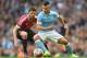 MANCHESTER, ENGLAND - MARCH 20: Sergio Aguero of Manchester City is watched by Michael Carrick of Manchester United during the Barclays Premier League match between Manchester City and Manchester United at Etihad Stadium on March 20, 2016 in Manchester, United Kingdom. (Photo by Michael Regan/Getty Images)