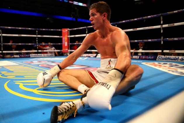 LONDON, ENGLAND - DECEMBER 12: Luke Campbell sits on the canvas after being put down by Yvan Mendy in the WBC International Lightweight Championship fight during the Matchroom Boxing promotion 'Bad Intentions' at The O2 Arena on December 12, 2015 in London, England. (Photo by Richard Heathcote/Getty Images)