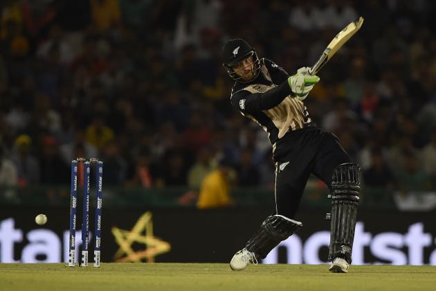 New Zealand's Martin Guptill plays a shot during the World T20 cricket match between New Zealand and Pakistan at the Punjab Cricket Stadium Association Stadium in Mohali on March 22, 2016. / AFP / MONEY SHARMA        (Photo credit should read MONEY SHARMA/AFP/Getty Images)