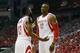 HOUSTON, TX - MAY 04: James Harden #13 and Dwight Howard #12 of the Houston Rockets dicuss a play against the Los Angeles Clippers during Game One in the Western Conference Semifinals of the 2015 NBA Playoffs on May 4, 2015 at the Toyota Center in Houston, Texas. NOTE TO USER: User expressly acknowledges and agrees that, by downloading and/or using this photograph, user is consenting to the terms and conditions of the Getty Images License Agreement. (Photo by Scott Halleran/Getty Images)