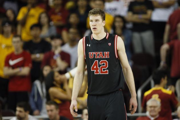 Utah's Jakob Poeltl stands on the court against Southern California during the second half of an NCAA college basketball game, Sunday, Feb. 21, 2016, in Los Angeles. Utah won 80-69. (AP Photo/Danny Moloshok)