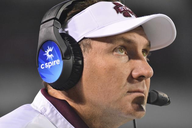 Nov 28, 2015; Starkville, MS, USA; Mississippi State Bulldogs head coach Dan Mullen looks up at the scoreboard during the second quarter of the game against the Mississippi Rebels at Davis Wade Stadium. Mandatory Credit: Matt Bush-USA TODAY Sports