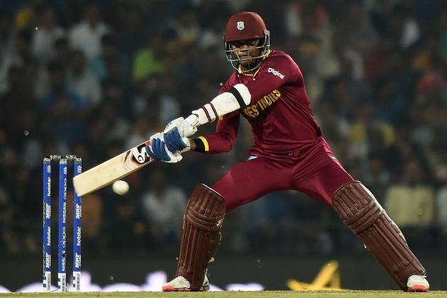 West Indies batsman Marlon Samuels plays a shot during the World T20 cricket tournament match between South Africa and West Indies at The Vidarbha Cricket Association Stadium in Nagpur on March 25, 2016. / AFP / PUNIT PARANJPE (Photo credit should read PUNIT PARANJPE/AFP/Getty Images)