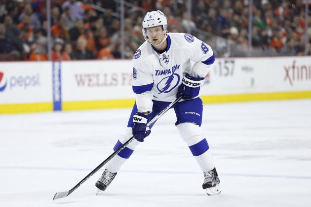 Tampa Bay Lightning's Anton Stralman (6), of Sweden, in action during the first period of an NHL hockey game against the Philadelphia Flyers, Monday, March 7, 2016, in Philadelphia. The Flyers won 4-2. (AP Photo/Chris Szagola)