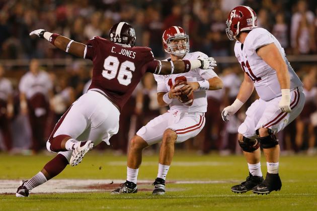 STARKVILLE, MS - NOVEMBER 16:  Chris Jones #96 of the Mississippi State Bulldogs sacks AJ McCarron #10 of the Alabama Crimson Tide at Davis Wade Stadium on November 16, 2013 in Starkville, Mississippi.  (Photo by Kevin C. Cox/Getty Images)