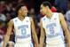 Mar 25, 2016; Philadelphia, PA, USA; North Carolina Tar Heels guard Nate Britt (0) and guard Marcus Paige (5) react during the second half in a semifinal game against the Indiana Hoosiers in the East regional of the NCAA Tournament at Wells Fargo Center. Mandatory Credit: Bob Donnan-USA TODAY Sports