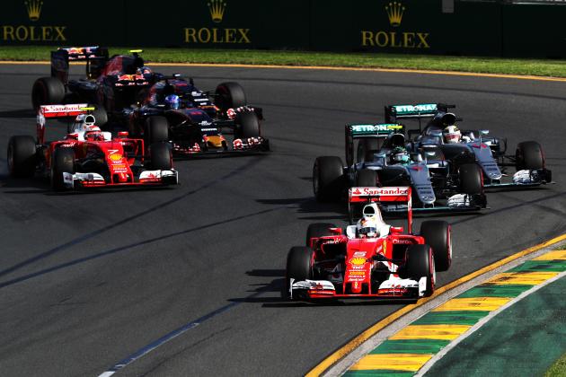 MELBOURNE, AUSTRALIA - MARCH 20: Sebastian Vettel of Germany drives the (5) Scuderia Ferrari SF16-H Ferrari 059/5 turbo (Shell GP) leads the field at the start during the Australian Formula One Grand Prix at Albert Park on March 20, 2016 in Melbourne, Australia.  (Photo by Mark Thompson/Getty Images)