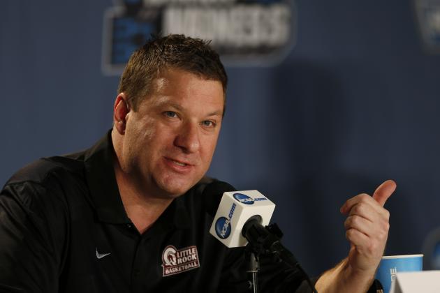 Arkansas Little Rock head coach Chris Beard responds to questions during a news conference as the team prepares for a second-round men's college basketball game Friday, March 18, 2016, in the NCAA Tournament in Denver. Arkansas Little Rock will face Iowa State on Saturday. (AP Photo/David Zalubowski)